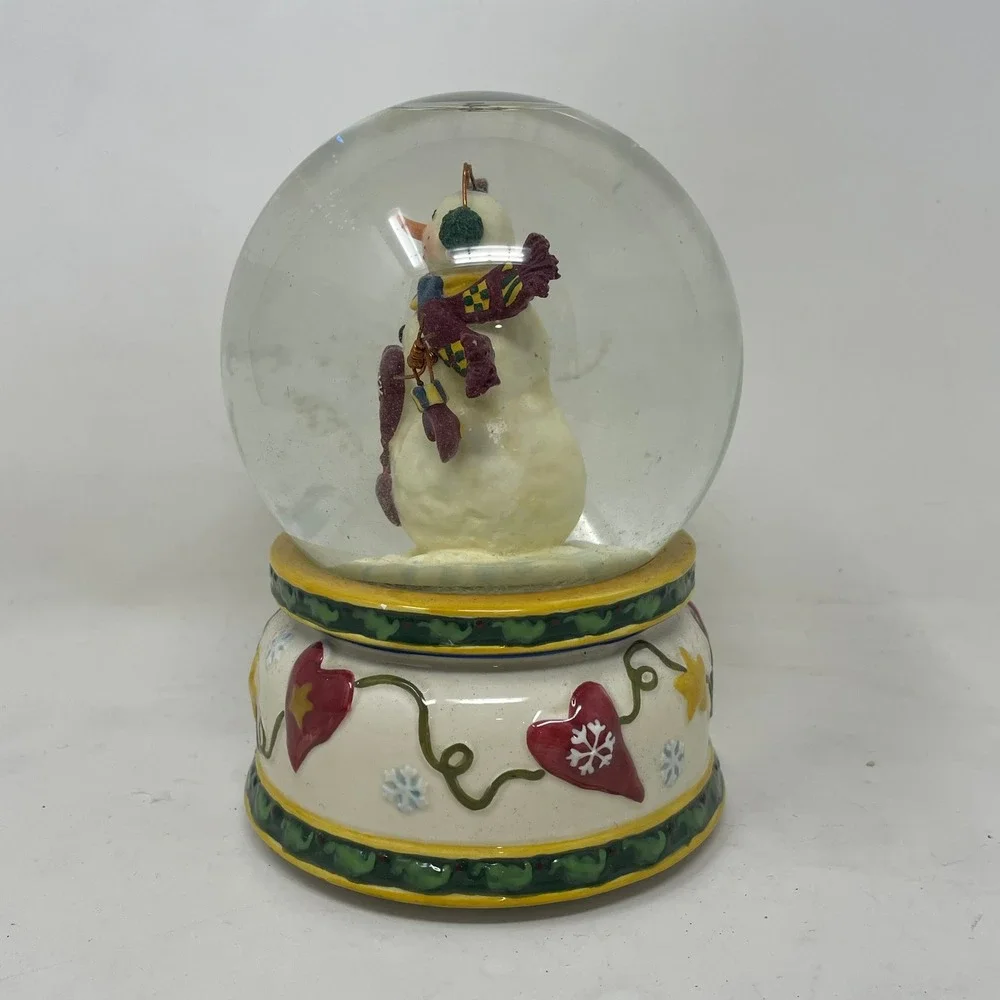 Vintage Snowman Musical Snow Globe Christmas Decor Hearts Stars Glitter